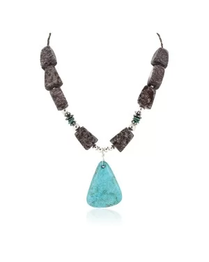 .925 Sterling Silver Certified Authentic Navajo Natural Turquoise Hematite Jasper Native American Necklace 25338-7