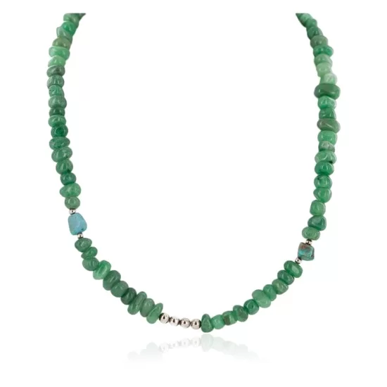 .925 Sterling Silver Certified Authentic Navajo Natural Turquoise Jade Native American Necklace 15113-100