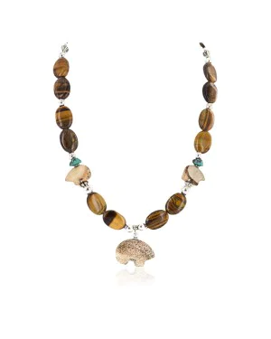 .925 Sterling Silver Certified Authentic Navajo Natural Turquoise Jasper Tigers Eye Heishi Native American Necklace 25342-1