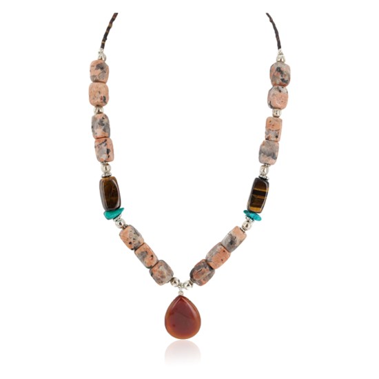 .925 Sterling Silver Certified Authentic Navajo Natural Turquoise Jasper Tigers Eye Native American Necklace 750209-9