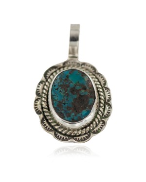 .925 Sterling Silver Certified Authentic Navajo Natural Turquoise Native American Pendant 94001-3