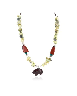 .925 Sterling Silver Certified Authentic Navajo Natural Turquoise Red and Green Jasper Native American Necklace 750238-7