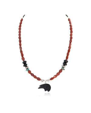 .925 Sterling Silver Certified Authentic Navajo Natural Turquoise Red Jasper Black Onyx Jet Native American Necklace 24511-5