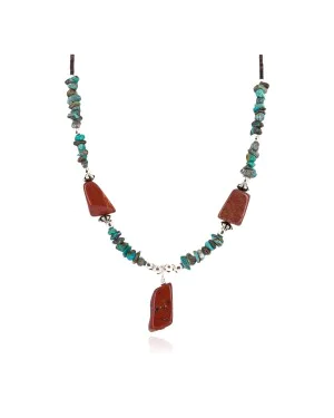 .925 Sterling Silver Certified Authentic Navajo Natural Turquoise Red Jasper Heishi Native American Necklace 750225-4