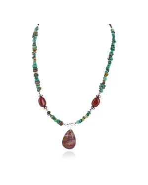 .925 Sterling Silver Certified Authentic Navajo Natural Turquoise Red Jasper Native American Necklace 750225-3