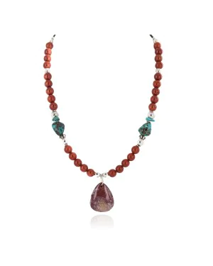 .925 Sterling Silver Certified Authentic Navajo Natural Turquoise Red Jasper Native American Necklace 750231-2