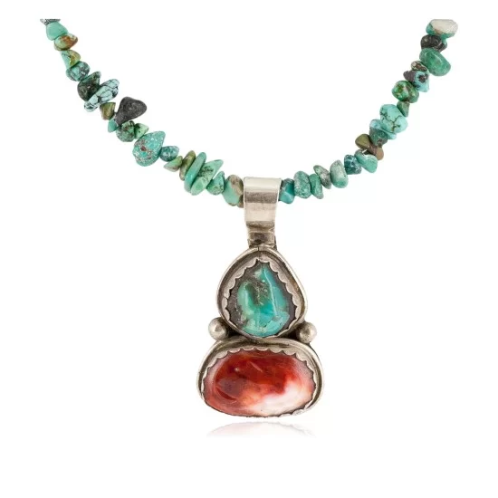 .925 Sterling Silver Certified Authentic Navajo Natural Turquoise Spiny Oyster Black Onyx Native American Necklace 15018-5-15781 .925 Sterling Silver Certified Authentic Navajo Natural Turquoise Spiny Oyster Black Onyx Native American Necklace 15018-5-15781