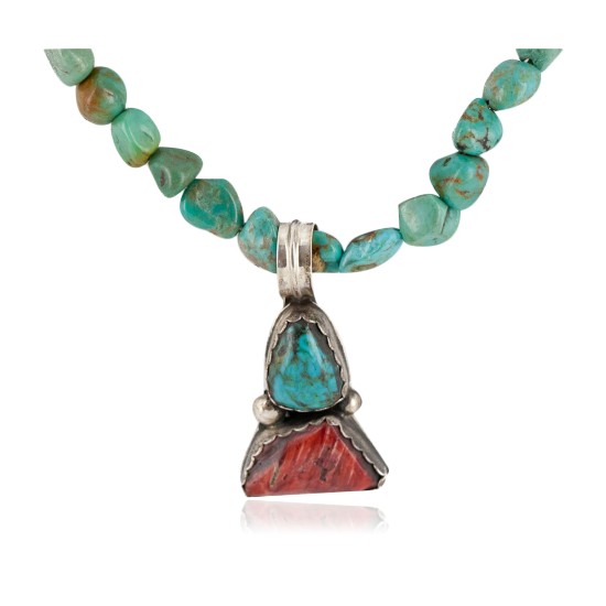 .925 Sterling Silver Certified Authentic Navajo Natural Turquoise Spiny Oyster Lapis Native American Necklace  14492-28-15781