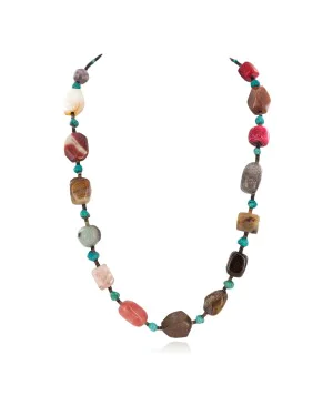 .925 Sterling Silver Certified Authentic Navajo Natural Turquoise Tigers Eye Agate Quartz Amethyst Native American Necklace 24511-4