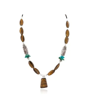 .925 Sterling Silver Certified Authentic Navajo Natural Turquoise Tigers Eye Native American Necklace 750237-6