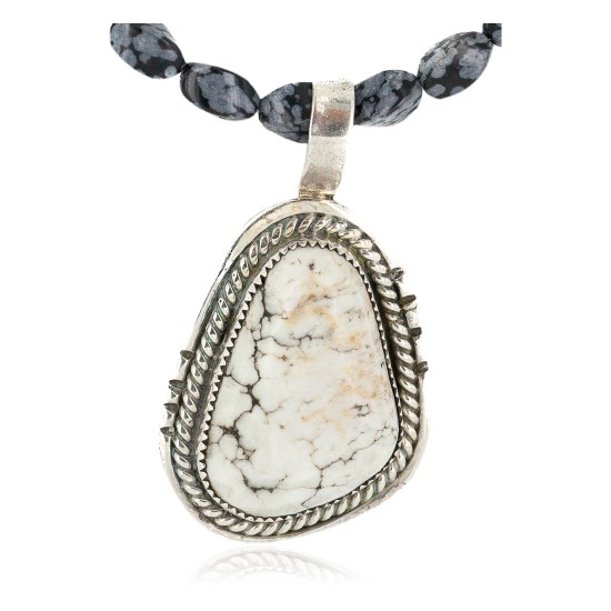 .925 Sterling Silver Certified Authentic Navajo Natural White Buffalo Snowflake Obsidian Native American Necklace 18280-2-16037-6