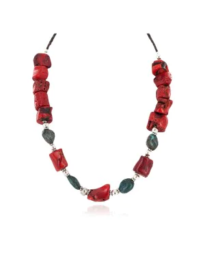 .925 Sterling Silver Certified Authentic Navajo Turquoise Coral Native American Necklace 24511-9