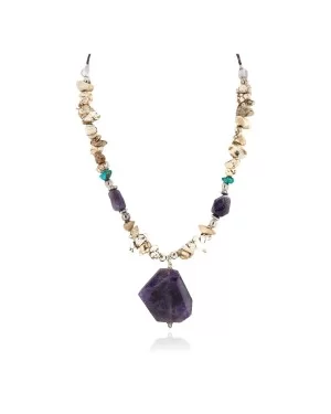 .925 Sterling Silver Certified Authentic Navajo White Howlite Amethyst Native American Necklace 750227-3