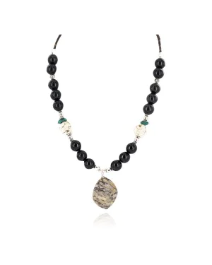 .925 Sterling Silver Certified Authentic Navajo White Howlite Jasper Black Onyx Native American Necklace 24512-6