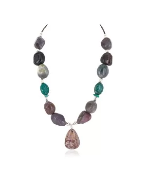 .925 Sterling Silver Drop Certified Authentic Navajo Natural Turquoise Agate Native American Necklace 24514-2