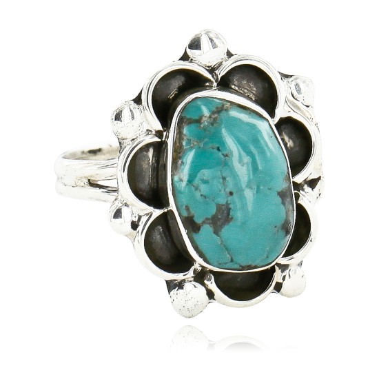 .925 Sterling Silver Flower Handmade Certified Authentic Navajo Natural Turquoise Native American Ring  17000-1