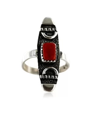 .925 Sterling Silver Handmade Certified Authentic Navajo Coral Native American Ring  12646-9