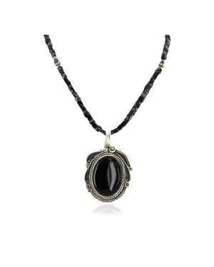 .925 Sterling Silver Handmade Certified Authentic Navajo Inlaid Natural Turquoise Snowflake Black Onyx Native American Necklace 24409-1-1588