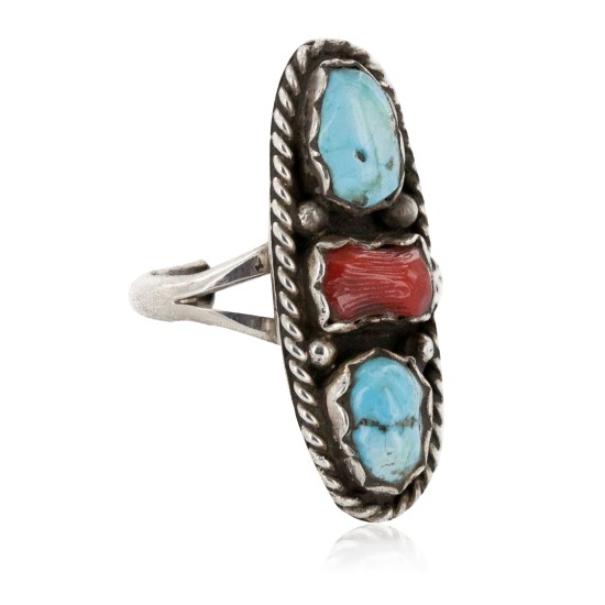 .925 Sterling Silver Handmade Certified Authentic Navajo Natural Turquoise and Coral Native American Ring  16862