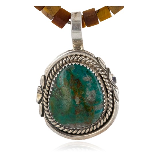 .925 Sterling Silver Handmade Certified Authentic Navajo Natural Turquoise and Tigers Eye Native American Necklace 14863-1-10225