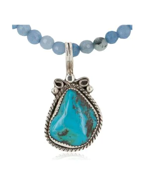 .925 Sterling Silver Handmade Certified Authentic Navajo Natural Turquoise Blue Quartz Native American Necklace 24394-2-16083-7