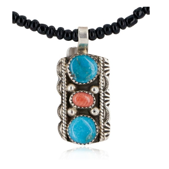 .925 Sterling Silver Handmade Certified Authentic Navajo Natural Turquoise Coral Black Onyx Native American Necklace 12556-8-16083-4