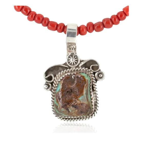 .925 Sterling Silver Handmade Certified Authentic Navajo Natural Turquoise Coral Native American Necklace 12816-16083 .925 Sterling Silver Handmade Certified Authentic Navajo Natural Turquoise Coral Native American Necklace 12816-16083