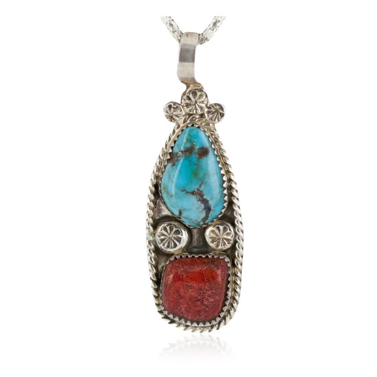 .925 Sterling Silver Handmade Certified Authentic Navajo Natural Turquoise Coral Native American Necklace 14747-2