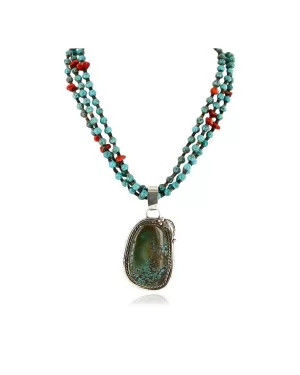 .925 Sterling Silver Handmade Certified Authentic Navajo Natural Turquoise Coral Native American Necklace 14984-15777