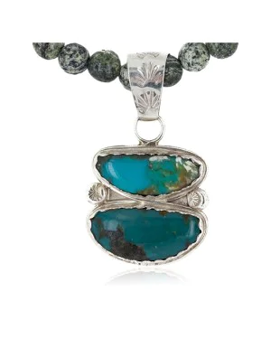 .925 Sterling Silver Handmade Certified Authentic Navajo Natural Turquoise Jasper Hematite Native American Necklace 24411-5-16076-1