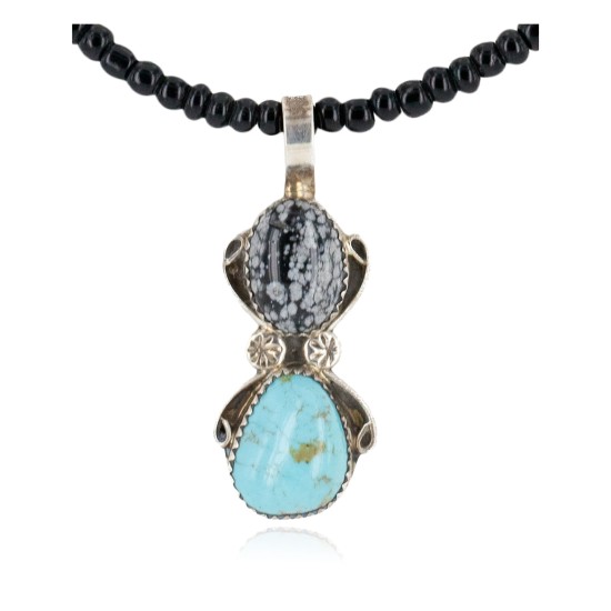 .925 Sterling Silver Handmade Certified Authentic Navajo Natural Turquoise Snowflake stone Black Onyx Native American Necklace 14124-19-16083-3 .925 Sterling Silver Handmade Certified Authentic Navajo Natural Turquoise Snowflake stone Black Onyx Native American Necklace 14124-19-16083-3
