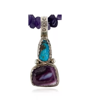 .925 Sterling Silver Handmade Certified Authentic Navajo Natural Turquoise Spiny Oyster Amethyst Native American Necklace 15909-15909-1