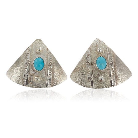 .925 Sterling Silver Handmade Certified Authentic Navajo Natural Turquoise Stud Native American Earrings 24439-10