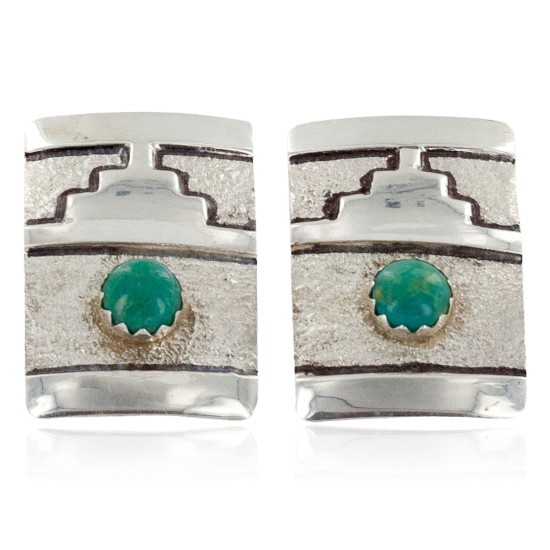 .925 Sterling Silver Handmade Certified Authentic Navajo Natural Turquoise Stud Native American Earrings 24439-8
