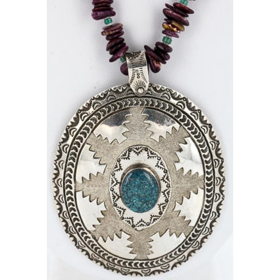 .925 Sterling Silver Handmade Certified Authentic Navajo Turquoise Purple Spiny Oyster Native American Necklace 390829391592 .925 Sterling Silver Handmade Certified Authentic Navajo Turquoise Purple Spiny Oyster Native American Necklace 390829391592