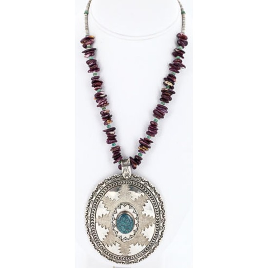 .925 Sterling Silver Handmade Certified Authentic Navajo Turquoise Purple Spiny Oyster Native American Necklace 390829391592 .925 Sterling Silver Handmade Certified Authentic Navajo Turquoise Purple Spiny Oyster Native American Necklace 390829391592