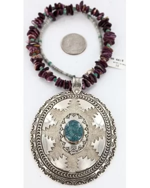 .925 Sterling Silver Handmade Certified Authentic Navajo Turquoise Purple Spiny Oyster Native American Necklace 390829391592