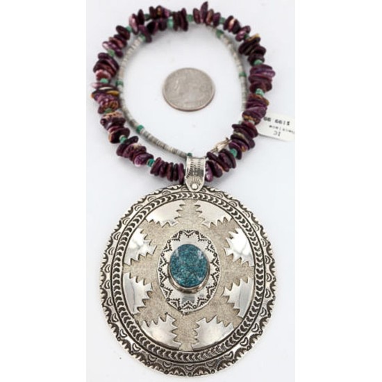 .925 Sterling Silver Handmade Certified Authentic Navajo Turquoise Purple Spiny Oyster Native American Necklace 390829391592 .925 Sterling Silver Handmade Certified Authentic Navajo Turquoise Purple Spiny Oyster Native American Necklace 390829391592