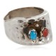 .925 Sterling Silver Handmade Hammered Certified Authentic Navajo Natural Turquoise and Spiny Oyster Native American Ring  16287