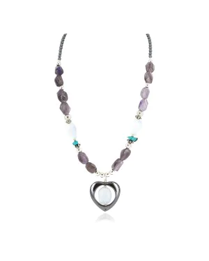 .925 Sterling Silver Heart Certified Authentic Navajo Natural Turquoise Amethyst Opalite Hematite Native American Necklace 24514-12