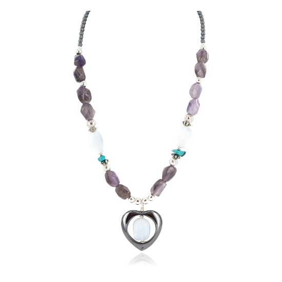 .925 Sterling Silver Heart Certified Authentic Navajo Natural Turquoise Amethyst Opalite Hematite Native American Necklace 24514-12