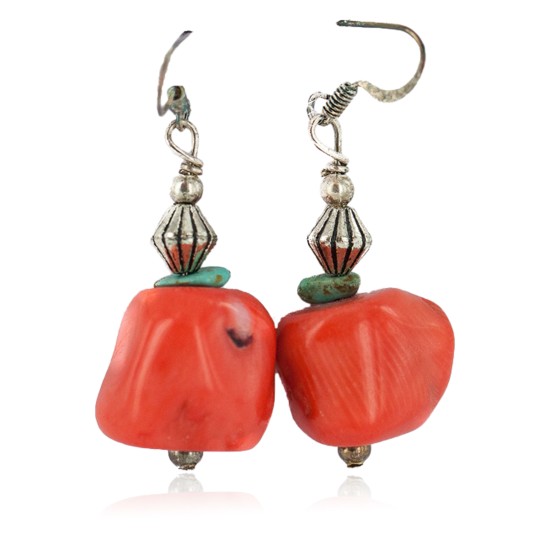 .925 Sterling Silver Hooks Certified Authentic Navajo Coral Native American Dangle Earrings 18284