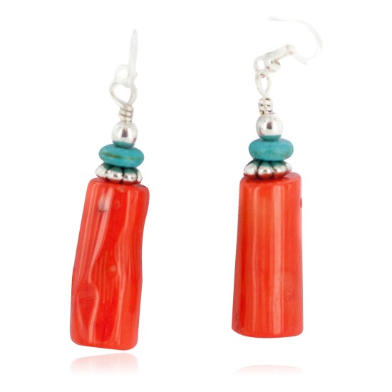 .925 Sterling Silver Hooks Certified Authentic Navajo Coral Native American Dangle Earrings 18294-16