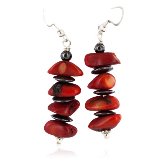 .925 Sterling Silver Hooks Certified Authentic Navajo Natural Hematite Coral Native American Dangle Earrings 18289-2