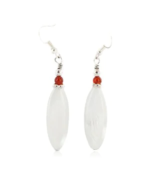 .925 Sterling Silver Hooks Certified Authentic Navajo Natural Mother of Pearl Coral Native American Dangle Earrings 18290-13