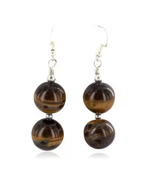 .925 Sterling Silver Hooks Certified Authentic Navajo Natural Tigers Eye Native American Dangle Earrings 18289-5