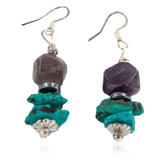 .925 Sterling Silver Hooks Certified Authentic Navajo Natural Turquoise Amethyst Native American Dangle Earrings 18285-3
