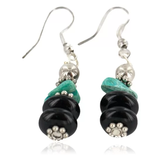 .925 Sterling Silver Hooks Certified Authentic Navajo Natural Turquoise Black Onyx Native American Dangle Earrings 18286-6 .925 Sterling Silver Hooks Certified Authentic Navajo Natural Turquoise Black Onyx Native American Dangle Earrings 18286-6