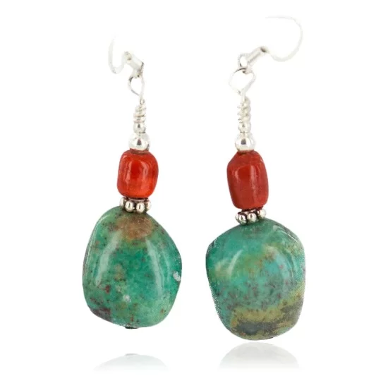 .925 Sterling Silver Hooks Certified Authentic Navajo Natural Turquoise Coral Native American Dangle Earrings 18294-10