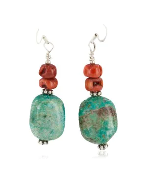 .925 Sterling Silver Hooks Certified Authentic Navajo Natural Turquoise Coral Native American Dangle Earrings 18294-18